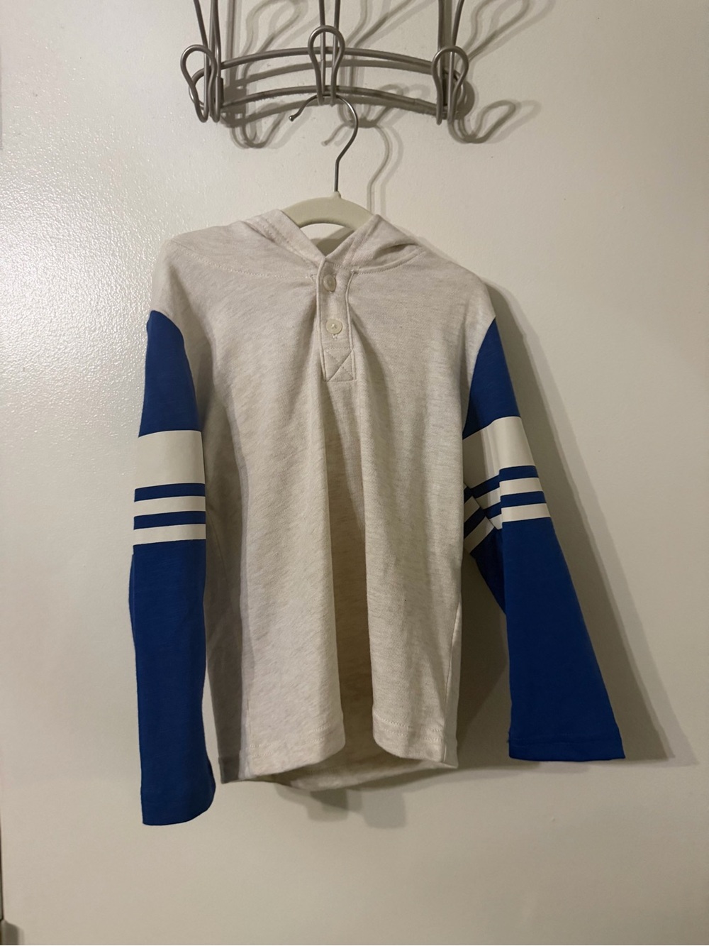 wonder nation Cream Hooded Henley with Blue Striped Sleeves